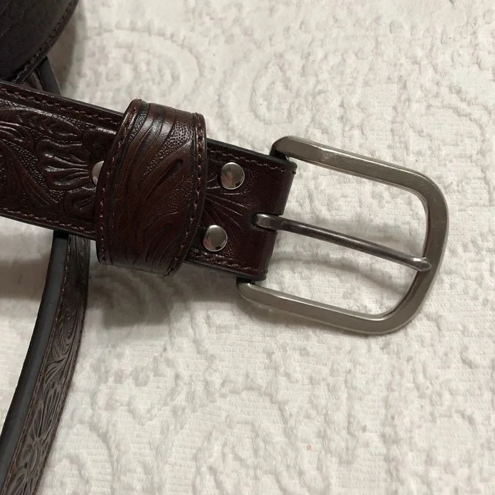 NWOT! Nocona Belt Co Size 46 Western Embossed Brown Genuine Leather